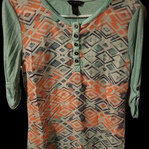 Bit & Bridle Women's S Pullover Aztec Sheer Teal Peach and Green Roll Tab Sleeve